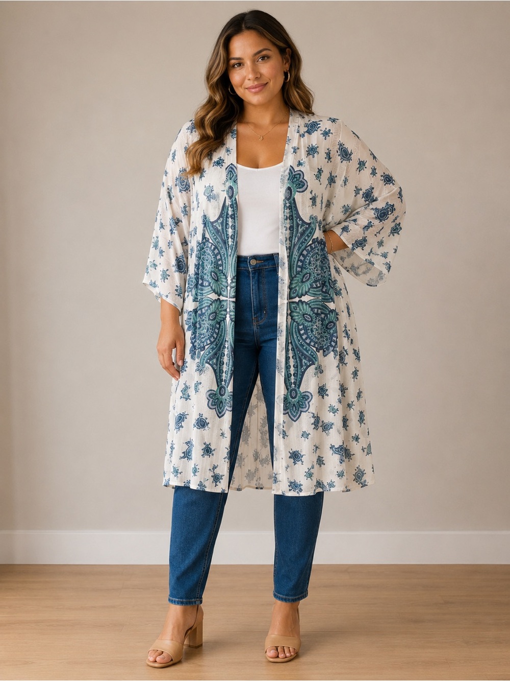 Source Unknown White Sheer Kimono with Blue-Green Paisley Print